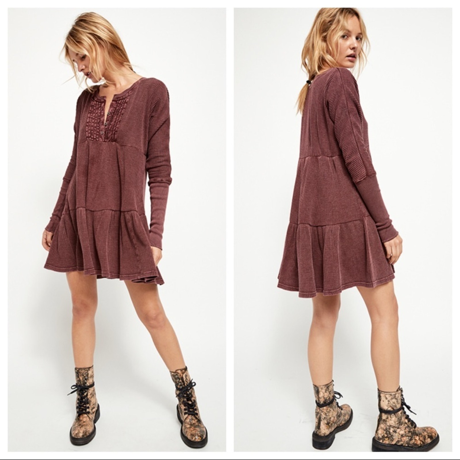 Free People Fp One Jolene Long Sleeve Mini Dress Size S In Wine Nwt